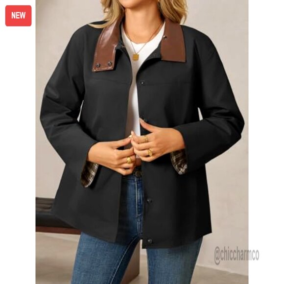 Oversized Trench Coat with Leather Collar Plaid Cuffs Windproof Fall Jacket - Picture 2 of 6